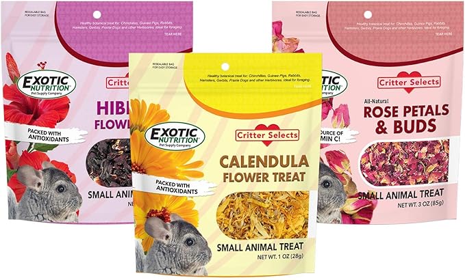 Exotic Nutrition Flower Treat 3 Pack - Healthy Assortment - Hibiscus, Calendula, Rose - for Squirrels, Guinea Pigs, Rabbits, Chinchillas, Prairie Dogs, Degus, Hamster, Gerbils, &amp; Other Herbivores
