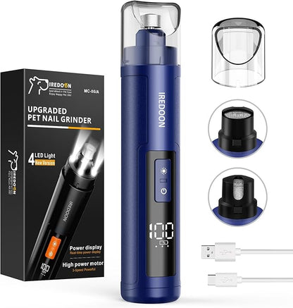 Dog Nail Grinder Upgraded - Professional 3-Speed Super Quiet and Low Vibration Electric Pet Nail Grinder with 4 LED Lights - Painless Paws Grooming &amp; Smoothing for Small to Large Dogs (Blue)