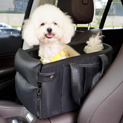 2 and 1 Center Console Dog Car Seat &amp; Carrier for Small Dogs, Large Leather Dog Car Bed with Storage Pocket, Waterproof PVC Leather Seat Travel Bed for Front &amp; Back Seat, Clip-On Safety Leash