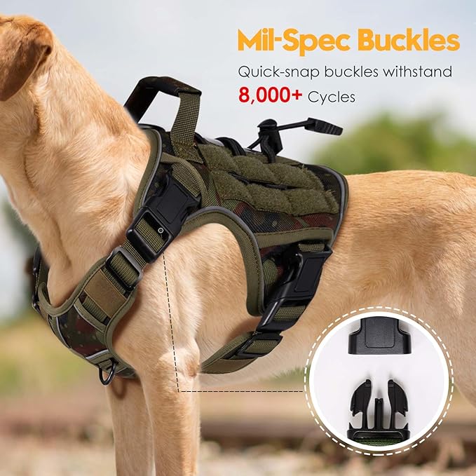 Heavy-Duty Tactical Dog Harness for Large Dogs, No Pull Adjustable Reflective Pet Vest with Molle System, K9 Military-Grade Control for Service Training, Outdoor &amp; 10+ Breeds, Green Camo, Medium