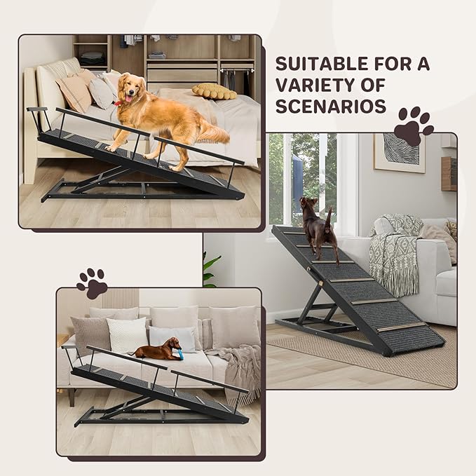 Pet Ramp Folding Portable Wooden Dog &amp; Cat Ramps for Couch or Bed, Including Non Slip Mat &amp; Safety Side Rails, 64.2 Inch Long and Height Adjustable from 13.4 Inch to 38 Inch Up to 110 Lbs