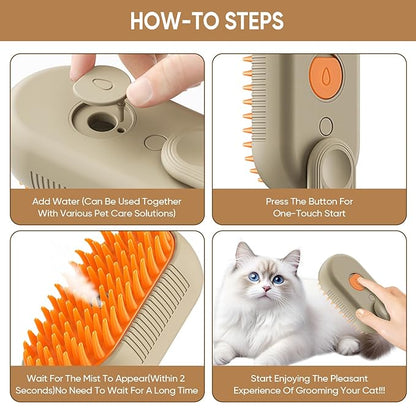 4-in-1 Cat Steam Brush for shedding–Self-Cleaning Comb for Long and Short Hair Cats and Dogs, Steam Pet Brush for Hair Removal, Vibrating Message, Grooming &amp; Relaxation (Khaki)