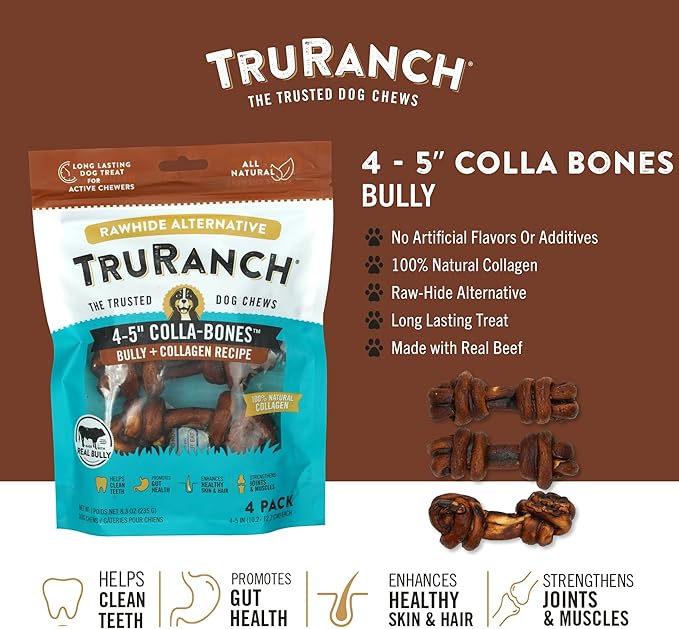 4-5" Collagen Bones, Bully - Collagen Dog Bones - Long Lasting Healthy Joint Support - Rawhide Alternative - Skin &amp; Coat Health, Value Pack, 15 Bags, 60 Count