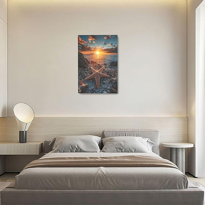 Beach Starfish Wall Decor Ocean Starfish Wall Art Sunset Scenery Coastal Theme Pictures Canvas Nature Seascape Painting Print Framed Artwork Decorations for Home Bathroom Living Room Bedroom Office 16"x24"