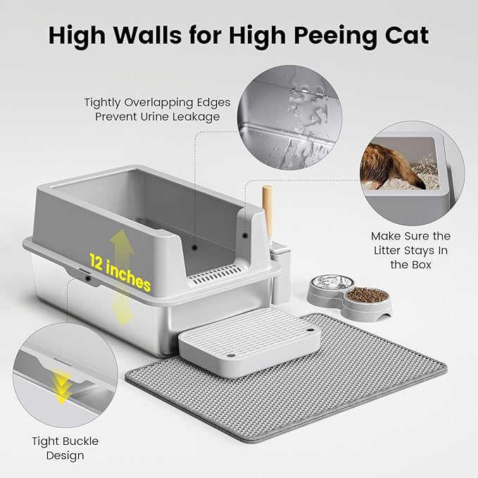 Stainless Steel Cat Litter Box - Enclosed XL Metal Kitty Litter Box with Lid for Big Cats, High Sided, Anti-Leakage, Easy Cleaning, Non-Sticky, Included Litter Mat, Cat Bowl &amp; Spoon