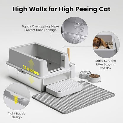 Stainless Steel Cat Litter Box - Enclosed XL Metal Kitty Litter Box with Lid for Big Cats, High Sided, Anti-Leakage, Easy Cleaning, Non-Sticky, Included Litter Mat, Cat Bowl &amp; Spoon