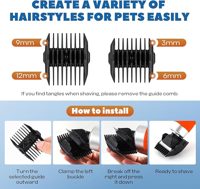 200W Pet Grooming Clippers for Thick Heavy Coats, 2000-6000rpm Stepless Speed Control &amp; 10ft Power Cord, Low Noise< 50db, Dog Trimmer Kit with Extra Detachable Blade &amp; 2 Limit Combs of 4 Sizes