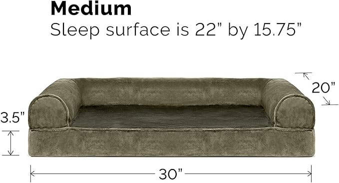 FurHaven Soft, Orthopedic Foam Sofa Dog Bed with Washable &amp; Removable Cover - Faux Fur/Velvet - Dark Sage, Dogs Up to 35 lbs - Medium