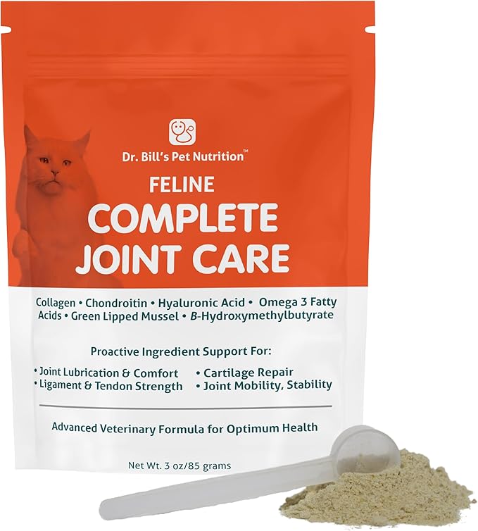 Dr. Bill’s Feline Complete Joint Care | Advanced Hip &amp; Joint Supplement for Cats | Green Lipped Mussel Extract, Collagen Type II, Chondroitin, Hyaluronic Acid, Omega 3 and Colostrum | Powder, 85g