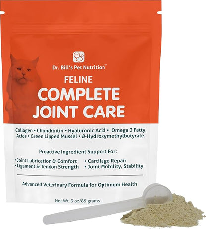 Dr. Bill’s Feline Complete Joint Care | Advanced Hip &amp; Joint Supplement for Cats | Green Lipped Mussel Extract, Collagen Type II, Chondroitin, Hyaluronic Acid, Omega 3 and Colostrum | Powder, 85g
