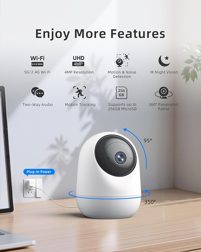 Indoor Camera 5G WiFi Pan &amp; Tilt 2.5K 4MP Compatible up to 256GB SD Card (Not Included) - Security Camera Indoor, Plug-in Puppy/Pet Camera with Speaker/Phone App for Room, Motion Tracking