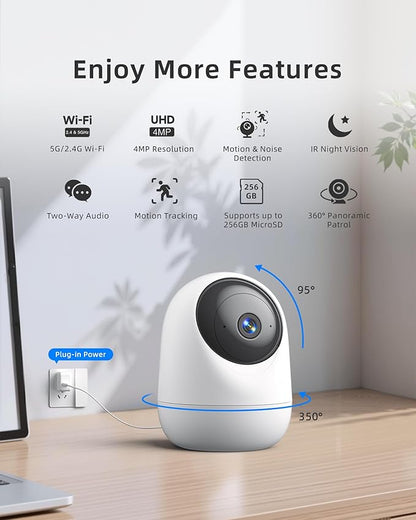 Indoor Camera 5G WiFi Pan &amp; Tilt 2.5K 4MP Compatible up to 256GB SD Card (Not Included) - Security Camera Indoor, Plug-in Puppy/Pet Camera with Speaker/Phone App for Room, Motion Tracking