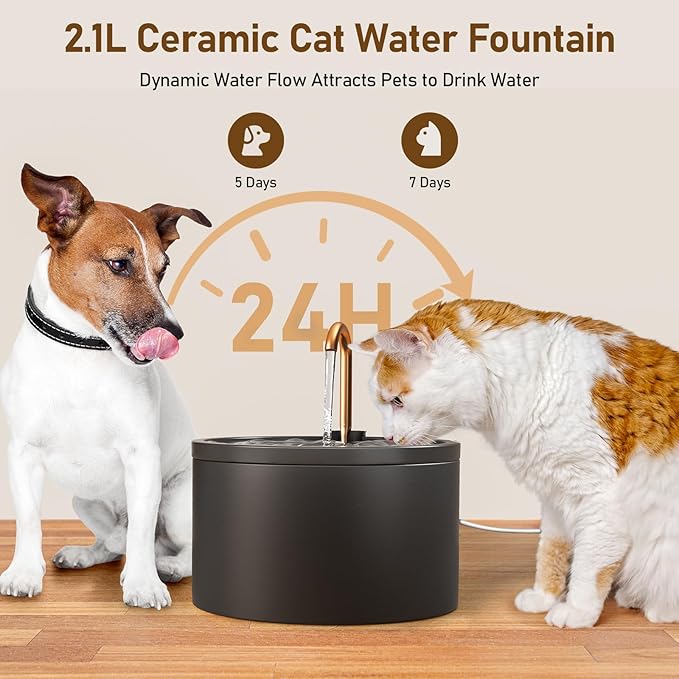 DOOOB Ceramic Cat Water Fountain, 2.1L/71oz Ceramic Cat Fountain, Automatic Ceramic Water Fountain for Cats, Pet Water Fountain with Ultra-Quiet Pump and 3 Filters &amp; 3 Sponges (Black)