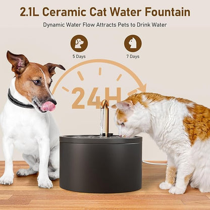 DOOOB Ceramic Cat Water Fountain, 2.1L/71oz Ceramic Cat Fountain, Automatic Ceramic Water Fountain for Cats, Pet Water Fountain with Ultra-Quiet Pump and 3 Filters &amp; 3 Sponges (Black)