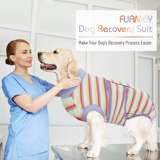 FUAMEY Recovery Suit for Dogs After Surgery,Soft Breathable Dog Bodysuit E-Collar &amp; Cone Alternative Surgical Suit,Male Female Dog Neuter Spay Suits Anti Licking Wounds Onesie Purple Stripes XXL