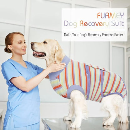 FUAMEY Recovery Suit for Dogs After Surgery,Soft Breathable Dog Bodysuit E-Collar &amp; Cone Alternative Surgical Suit,Male Female Dog Neuter Spay Suits Anti Licking Wounds Onesie Purple Stripes XS