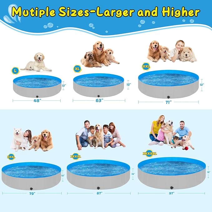 Foldable Dog Pool, 63" Kiddie Pool Hard Plastic, Portable Dog Swimming Pool for Large Dogs, Collapsible Pet Wading Pool &amp; Bath Tub Outdoor Kids Pool Anti-Slip