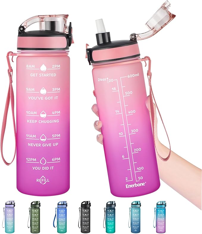 Enerbone Water Bottle, Leakproof BPA &amp; Toxic Free, Motivational Water Bottle with Times to Drink and Straw, Fitness Sports Water Bottle with Strap for Office, Gym, Outdoor Sports