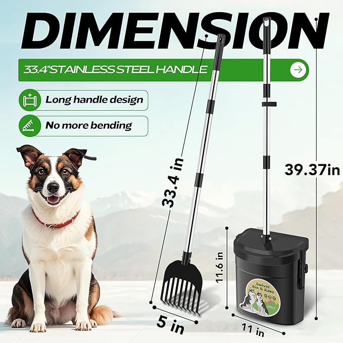 UPSKY Dog Pooper Scooper Swivel Bin &amp; Rake Kit with 100 Waste Bags,33.4" Stainless Steel Long Handle Heavy Duty Pet Poop Shovel for Large Medium Small Dogs, Odor-Proof Lid for Yard/Lawn/Outdoor Use