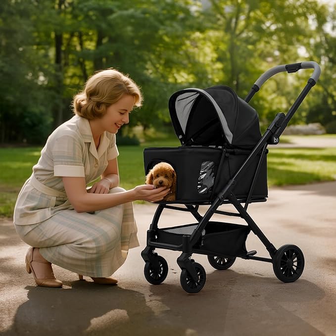 Lightweight Dog Stroller for Small Dogs &amp; Cats Portable Compact Folded Pet Stroller Up to 35lbs Medium Pets One Click Folding Large Cat Carriage with Convertible Canopy Storage Basket-Black