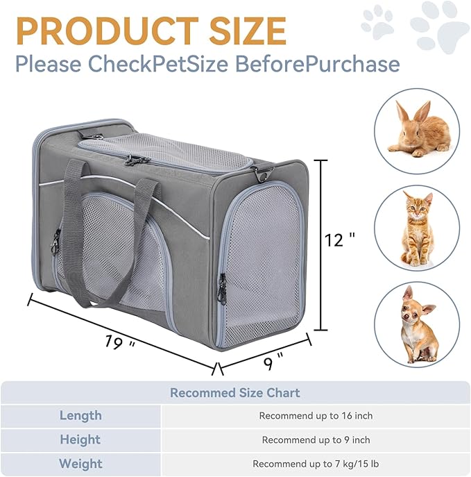 ‌Petsfit Airline Approved Pet Carrier for Small Dogs &amp; Cats, 19x9x12 TSA Approved Carrier, with Removable Dual-Sided Padding (2-Way Placement) - Fits Under Most Airplane Seats, Escape Proof (Gray)