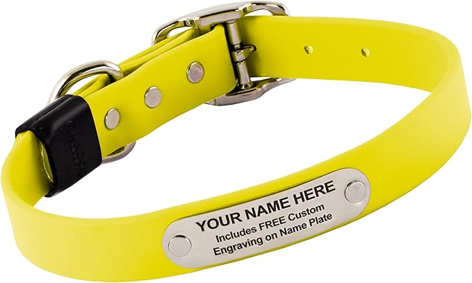 Biothane Custom Dog Collar – Waterproof, Stink-Proof Personalized Collar with Name &amp; Phone Number – Durable, Many Sizes and Colors – Assembled in USA (Bright Yellow)