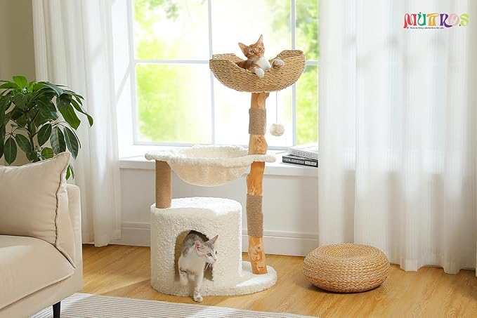 Modern Cat Tree for Large Cats, Wood Cat Tower for Indoor Cats, Real Branch Luxury Cat Furniture with Super Large Cozy Condo and Hammock &amp; Scratching Post, Top Basket, White