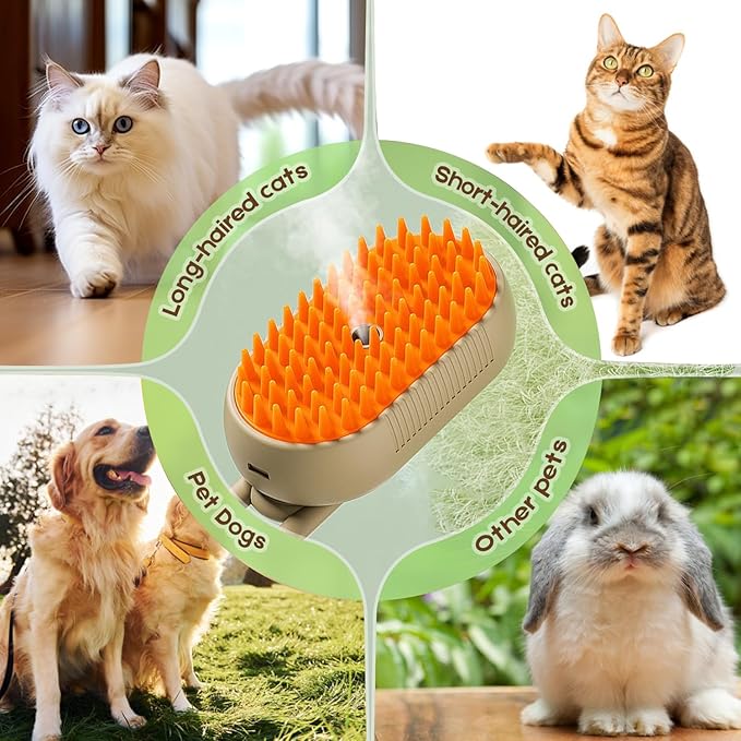 Cat Steam Brush for Shedding, 2025 New 4 in 1 Rechargeable Steam Pet Brushes for Cats &amp; Dogs, Indoor Anti-static Pets Brush for Massage, Cleaning, Shedding &amp; Combing Hair (Beige)