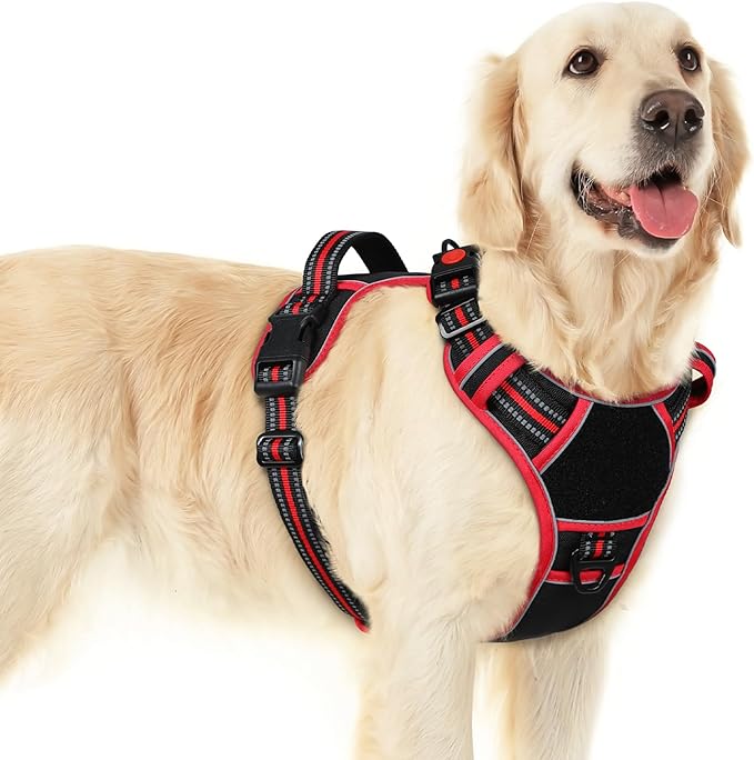 Eagloo Dog Harness for Large Dogs, Easy Wearing with 3 Buckles, Adjustable No Pull Pet Harness with 2 Rings for Walking, No Chock Reflective Soft Padded Vest with Control Handle, Black &amp; Red, L