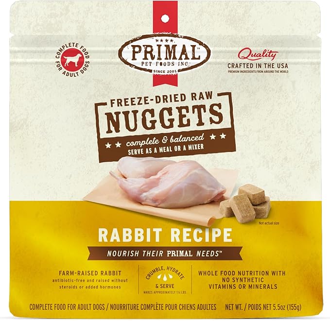 Primal Freeze Dried Raw Dog Food Nuggets, Rabbit, Complete &amp; Balanced Meal, Also Use as Topper or Treat, Premium, Healthy, Grain Free, High Protein Raw Dog Food, 5.5 oz