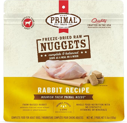 Primal Freeze Dried Raw Dog Food Nuggets, Rabbit, Complete &amp; Balanced Meal, Also Use as Topper or Treat, Premium, Healthy, Grain Free, High Protein Raw Dog Food, 5.5 oz