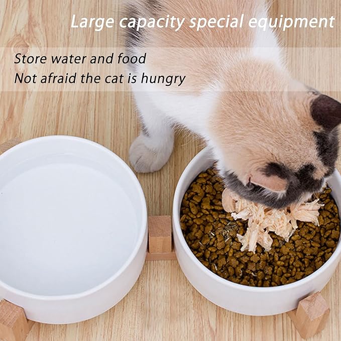Petygooing Dog Bowls,White Ceramic Cat and Dog Bowl Set with Wood Stand for Food and Water, Non-Slip Cute Modern Pet Dish Set for Cats &amp; Medium Dogs (28OZ)
