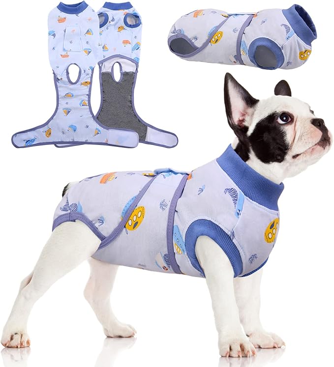 FUAMEY Recovery Suit for Dogs After Surgery,Soft Breathable Dog Bodysuit E-Collar &amp; Cone Alternative Surgical Suit,Male Female Dog Neuter Spay Suits Anti Licking Wounds Onesie Blue Boat M