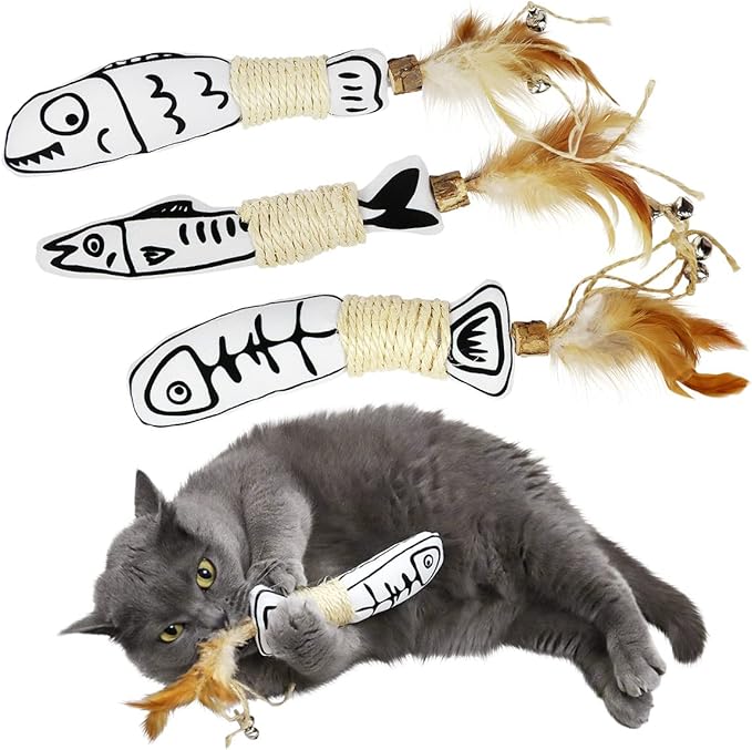 Snowlove 3-Pack Cute Catnip Feather Toys with Silvervine Rope &amp; Bells