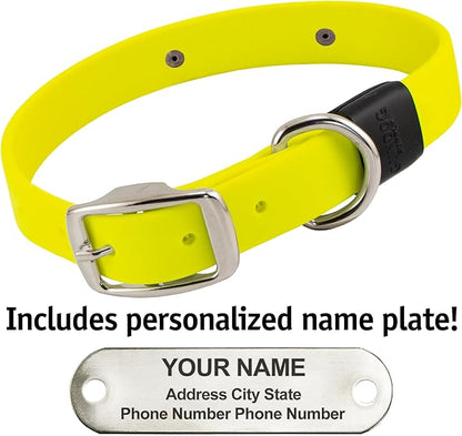 Biothane Custom Dog Collar – Waterproof, Stink-Proof Personalized Collar with Name &amp; Phone Number – Durable, Many Sizes and Colors – Assembled in USA (Bright Yellow)
