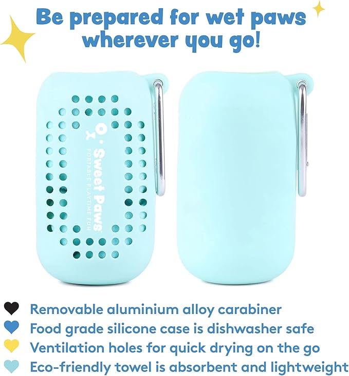 Sweet Paws Portable Dog Paw Towel, Lightweight &amp; Super Absorbent Microfiber, Clips onto Leash, Quick Drying Towel for Dogs Paws with Silicone Case, Dry Dog’s Paws on The Go - 3 Pieces Set - Large