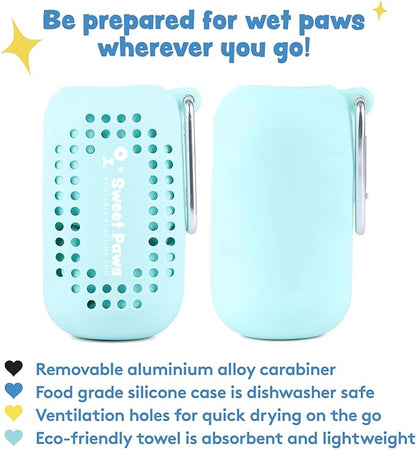 Sweet Paws Portable Dog Paw Towel, Lightweight &amp; Super Absorbent Microfiber, Clips onto Leash, Quick Drying Towel for Dogs Paws with Silicone Case, Dry Dog’s Paws on The Go - 3 Pieces Set - Large