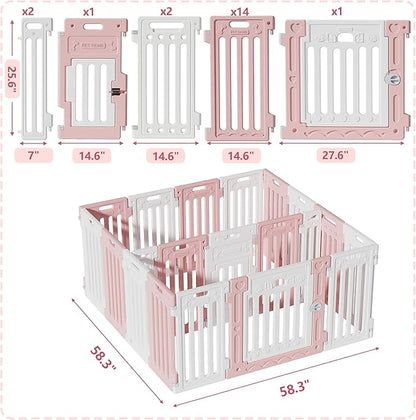2 Room Dog Playpen with Door,DIY Shape Combination Puppy Pen,16-Panel+2 Link Piece+Large Door+Small Door,25.5" H Dog Fence,Non-Slip&amp;Secure Pet Gate,Easy to Assemble,Pink + White