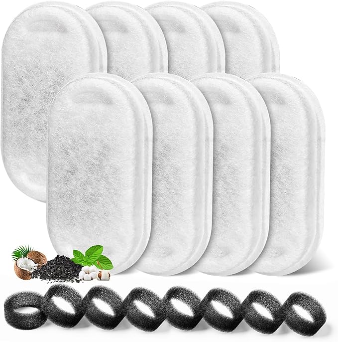 Cat Water Fountain Filter, Filters Replacement for 108Oz/3.2L&amp;67Oz/2L&amp;135Oz/4L Stainless Steel Pet Water Drinking Fountain, Dog Indoor Water Dispenser Fountain Carbon Filter (8 Filters &amp; 8 Sponges)