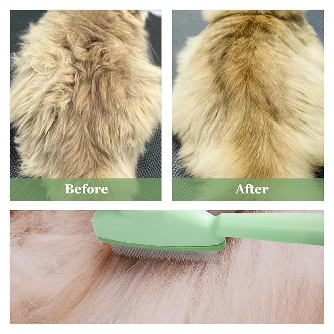 Pet Comb for Cats &amp; Dogs, One-Touch Hair Release Button, Dense-Tooth &amp; Mixed-Length Teeth 2-Piece Set, for Long &amp; Short Hair, Gentle Pain-Free Design (Green)