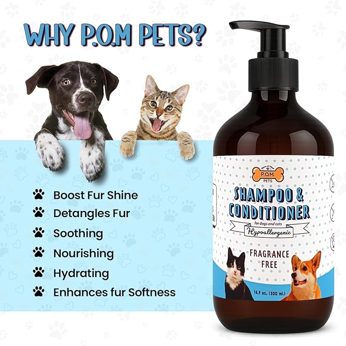POM Pets 2-in-1 Organic Dog Shampoo &amp; Conditioner – Itchy Skin Relief, Dog Deshedding, Detangles Fur, Cat Shampoo, Paw Cleaner for Dogs, Natural Coat Defense Formula