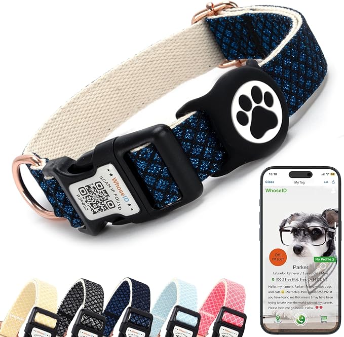 Dog Collar with Waterproof AirTag Holder &amp; Anti-Lost QR Code, Cute Bling Warpping Adjustable Width for Small Medium Large Pet (Blue, L)