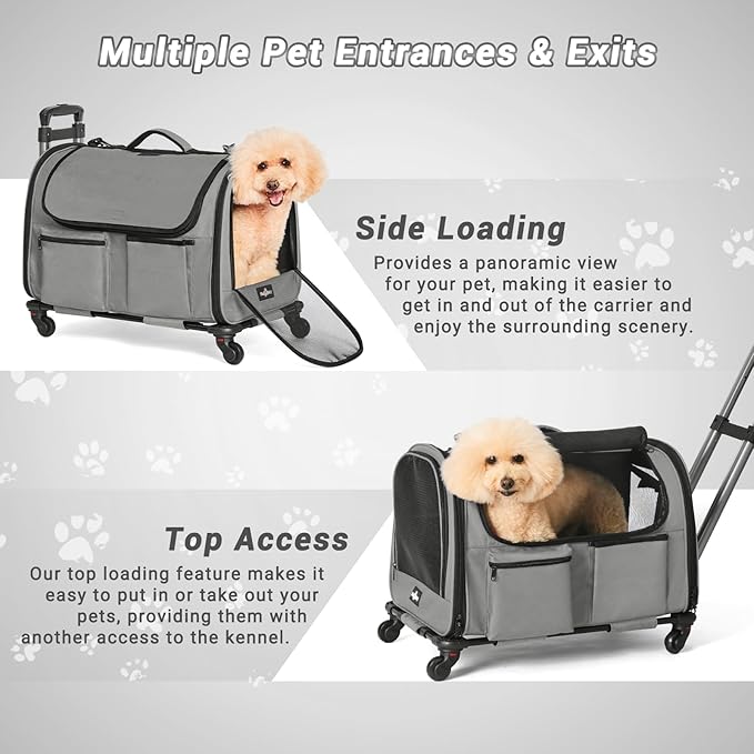Large Pet Carrier with Wheels, Foldable Rolling Dog Carrier with Wheels and Big Pocket, Cat Rolling Bag 21"x13"x13" for 2 Cats &amp;Dogs, for Travel, Outdoor, Vet Visits, Camping, Indoor. Gray