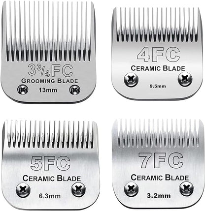 4pcs Dog Grooming Blades Compatible with Andis Dog Clippers,Detachable Ceramic Blade &amp; Stainless Steel Blade (3FC+4FC+5FC+7FC)