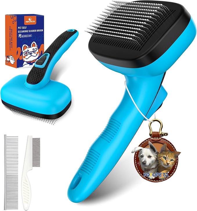 3 PCS Dog Grooming Brush Kit – Self Cleaning Slicker Brush for Shedding Short &amp; Long Haired Dogs &amp; Cats. Removes Loose Fur, Undercoat, Mats, Tangles for Small, Medium &amp; Large Pets. Blue