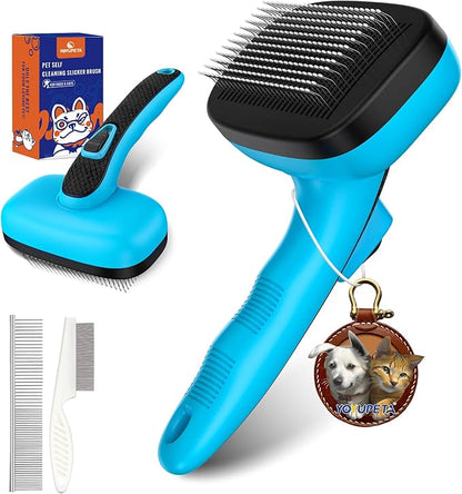 3 PCS Dog Grooming Brush Kit – Self Cleaning Slicker Brush for Shedding Short &amp; Long Haired Dogs &amp; Cats. Removes Loose Fur, Undercoat, Mats, Tangles for Small, Medium &amp; Large Pets. Blue