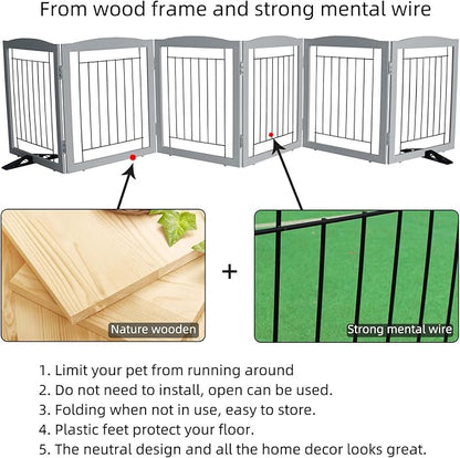 ZJSF Freestanding Dog Fence Indoor, Foldable Dog Gate for Doorways, Stairs or Hallways, Sturdy Wood Extra Wide Pet Gate with Support Feet for The House, Grey, 32 "Height-6 Panels