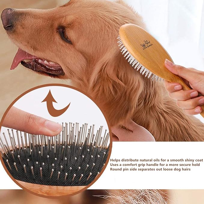 ClumsyPets Dog &amp; Cat Ball Pin Slicker Grooming Brush with Bamboo Handle for Pets Massage Bath and Removes Mats Loose Fur Hairs