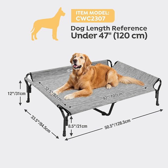 Veehoo Cooling Elevated Dog Bed, XL Raised Pet Cot with Guardrail &amp; Slope Headrest, Durable Breathable Teslin Mesh, Non-Slip Feet, Washable Dog Couch Bed for Indoor &amp; Outdoor, X Large, Black Silver