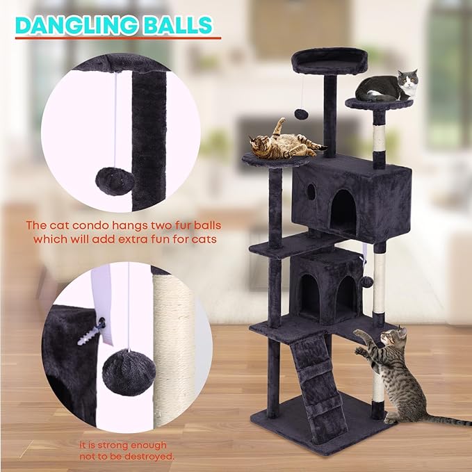 FDW Cat Tree 70in Cat Tower Multi-Level Durable Cat Scratching Post &amp; Cozy Fun Cat Jumping Platform Space Saving Cat Condo Pet Play House for Indoor Cats,Ashy
